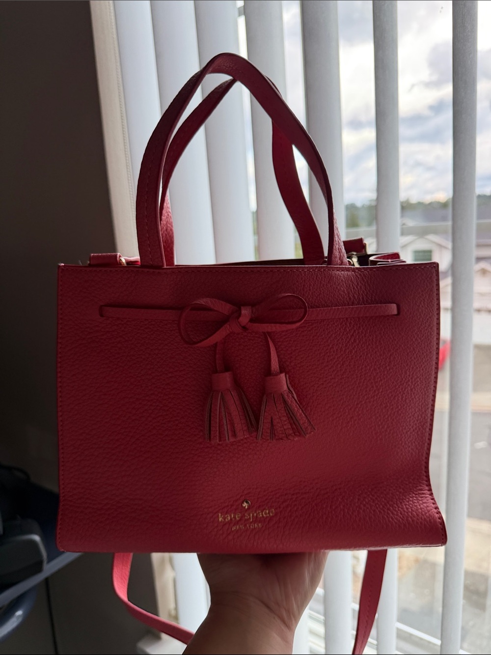 kate spade Red Leather Shoulder Tote with Tassel Bow